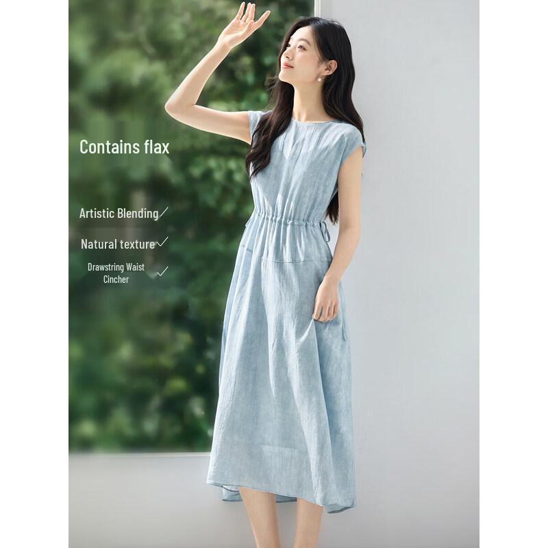 MOHANYIMEI Summer Linen Blend A-Line Midi Dress 2XL небесно-голубой