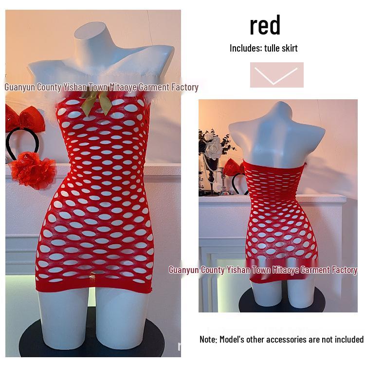 Seductive Red Fishnet Christmas Dress Lingerie with Hip-Hugging Stockings