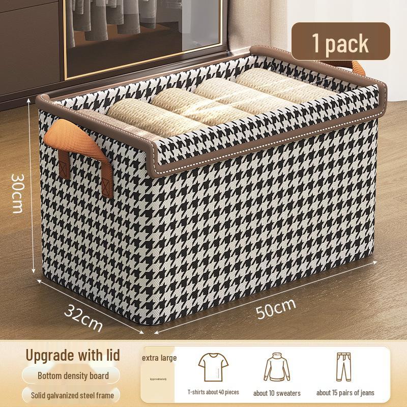 Houndstooth Foldable Quilt Storage Box with Lid - Large Wardrobe Bin for Clothes & Pants.