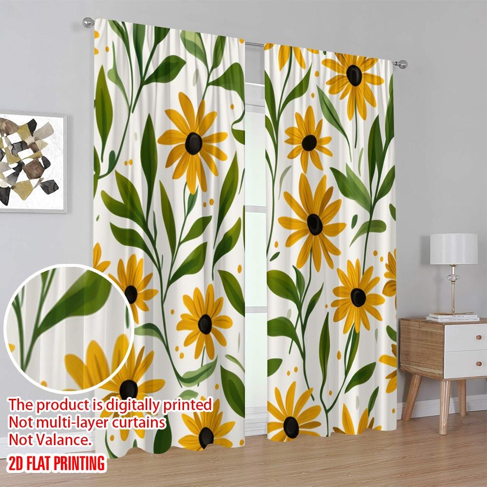 2pcs,2D plane printing Curtain Fabric Sunny Blooms Durable 100% Polyester Fabric (without rod) Holiday Use for Home & Office