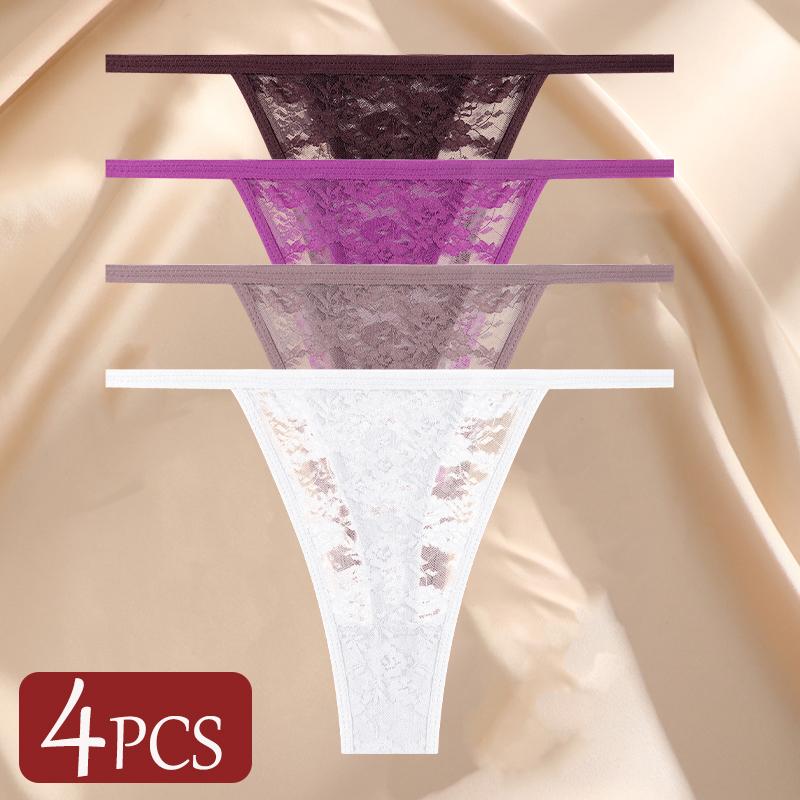 4Pcs/Set Sexy Lace Panties Women Elastic Hollow Out Transparent G-string Thong Female Lace Underpants Perspective Sexy Intimates