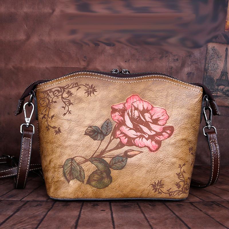 The First Layer of Cowhide One-shoulder Messenger Women's Bag, Chinese Style Rose Rose Women's Bag