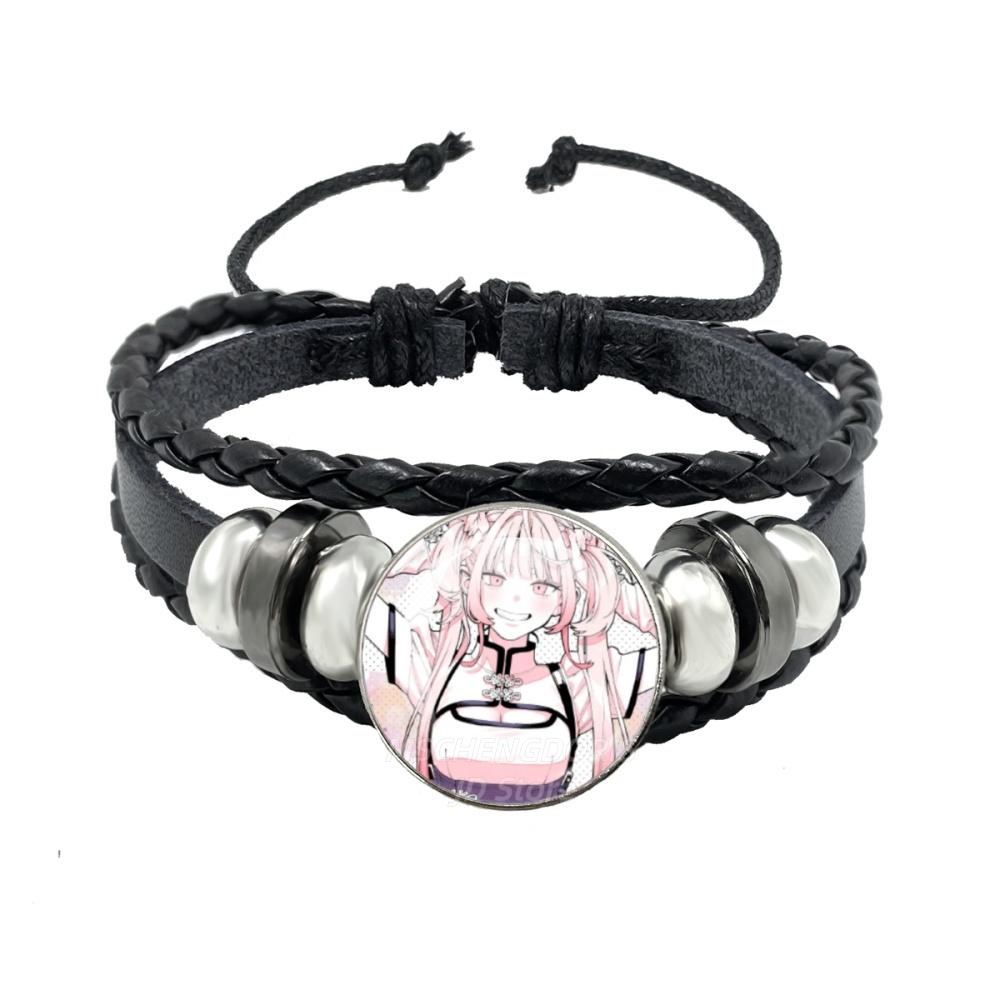 Manga Gokurakugai Cartoon Character Glass Cabochon Black Leather Bangle Bracelet Jewelry Charm Fans Gift MS013
