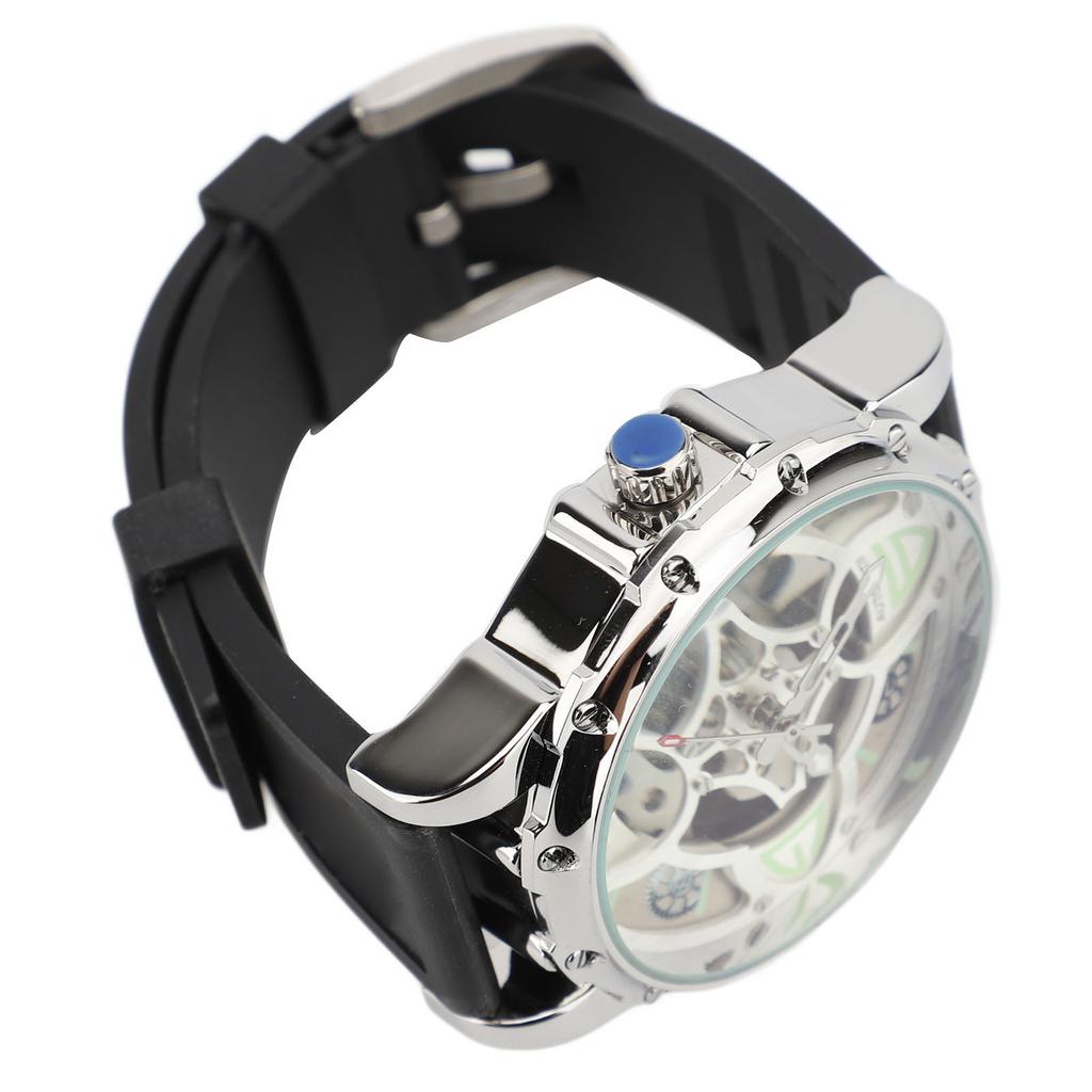 Automatic Mechanical Watch Four Leaf Clover Pattern Double Skeleton Dial 30M Water Resistance Luminous Silicone Strap