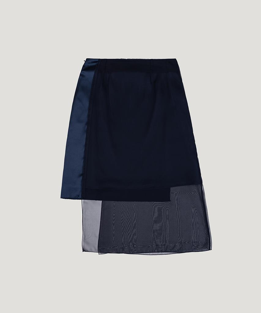 Eosseu Asymmetrical See-Through Layered Skirt (Navy)
