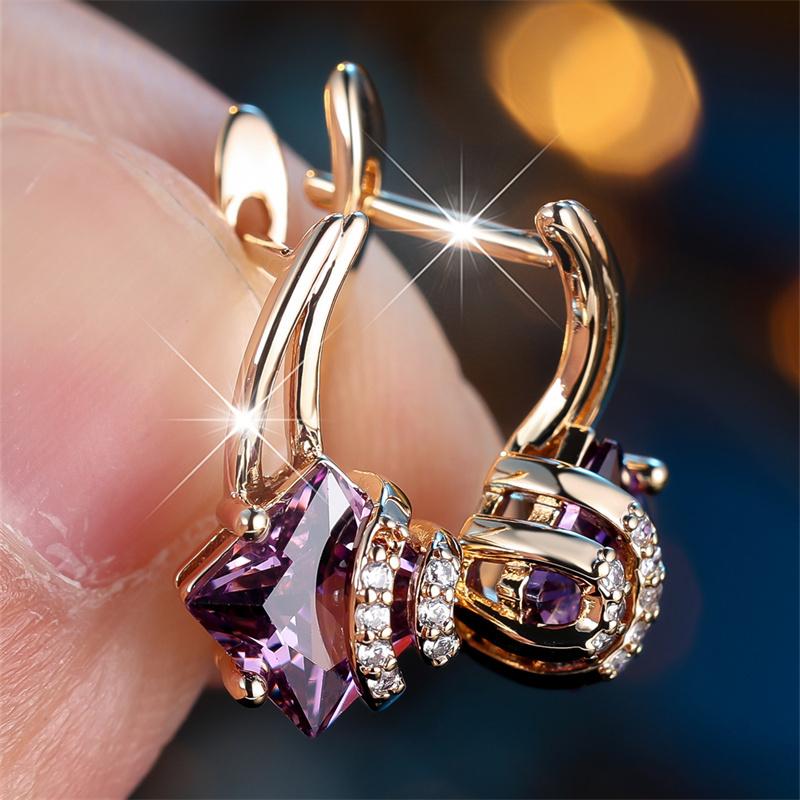 1 Pair Golden Color Square Cut Purple Stone Drop Earrings Valentine's Day Jewelry Gifts