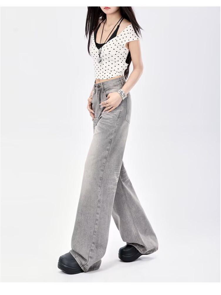 Women s 2025 Gray Retro Wide-Leg High-Waisted Denim Jeans with Frayed Hem S