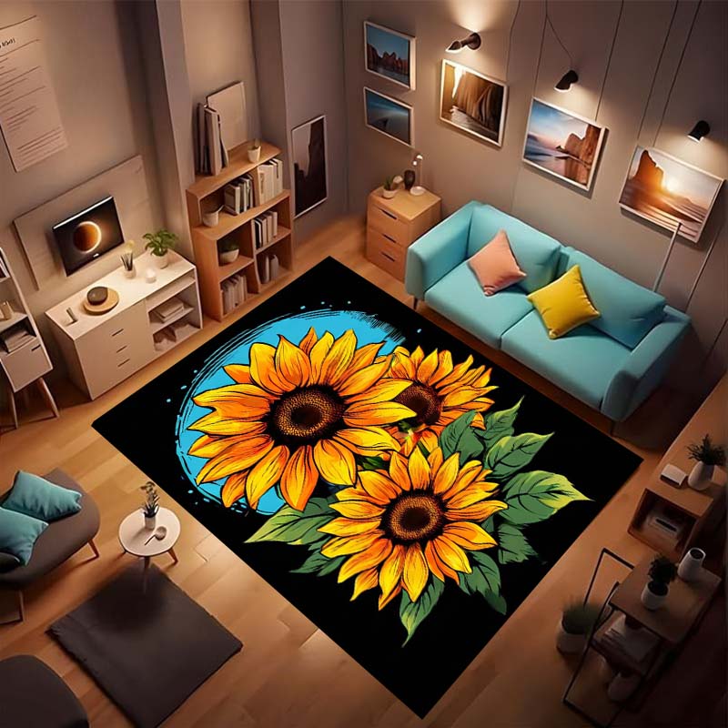 Customizable sunflower pattern non-slip rug, soft flannel, washable, non-slip backing, suitable for living rooms, bedrooms, bath