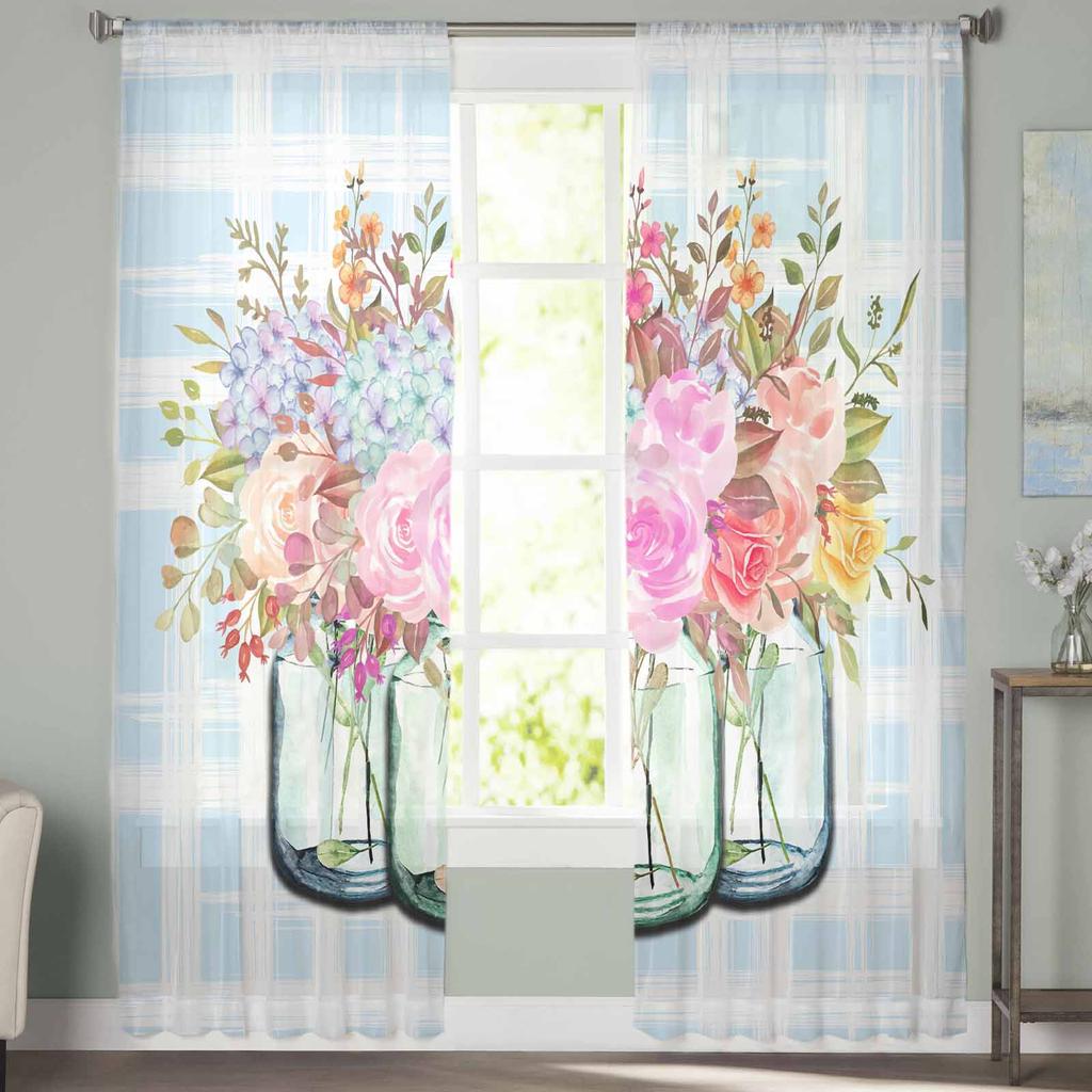 Floral Leaf Grid Gradient Sheer Curtains Modern Gauze Curtain for Living Room Bedroom Voile Yarn Curtains