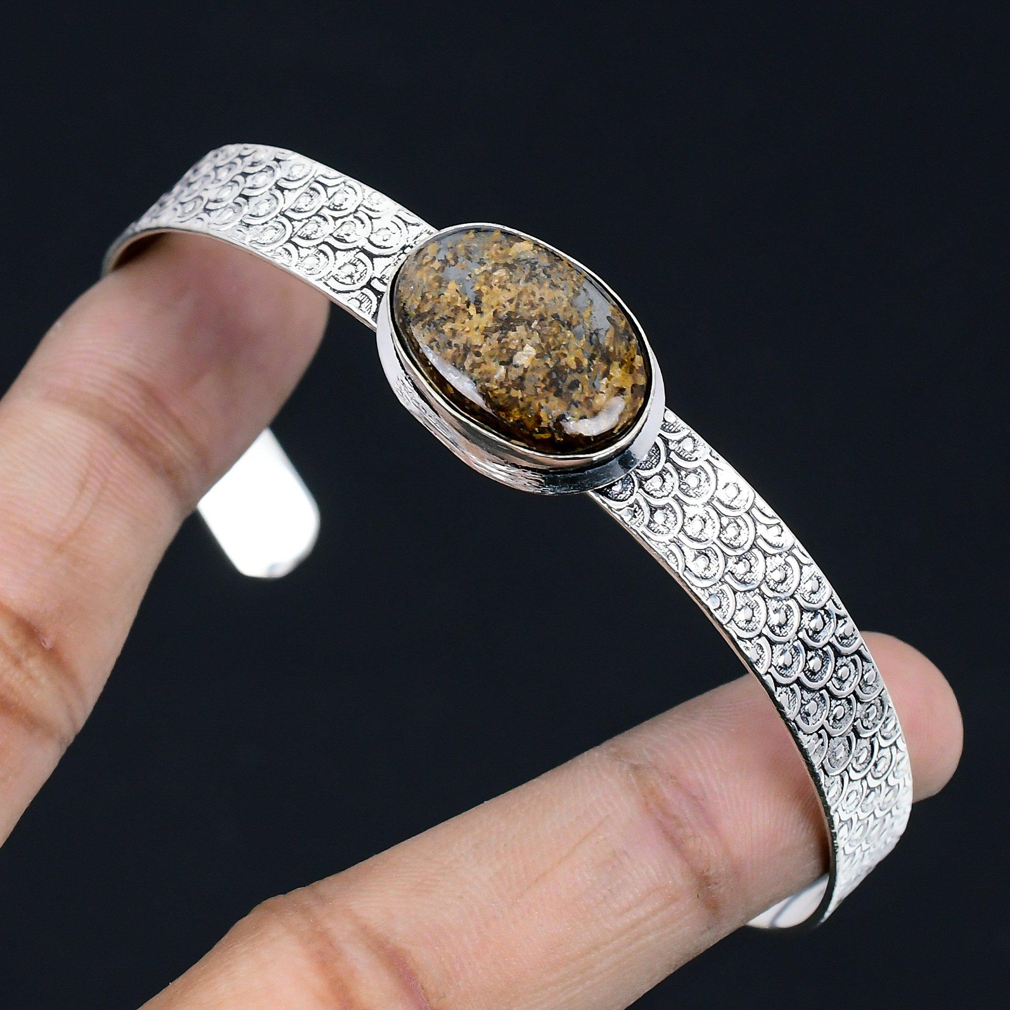 

Oval Natural Bronzite 925 Silver Ethnic Trendy Engagement Unique Bangle Bracelet Adjustable