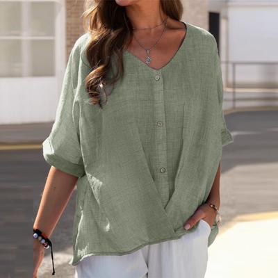 V Collar Short Sleeve Loose Fit Women's Shirt Casual Top