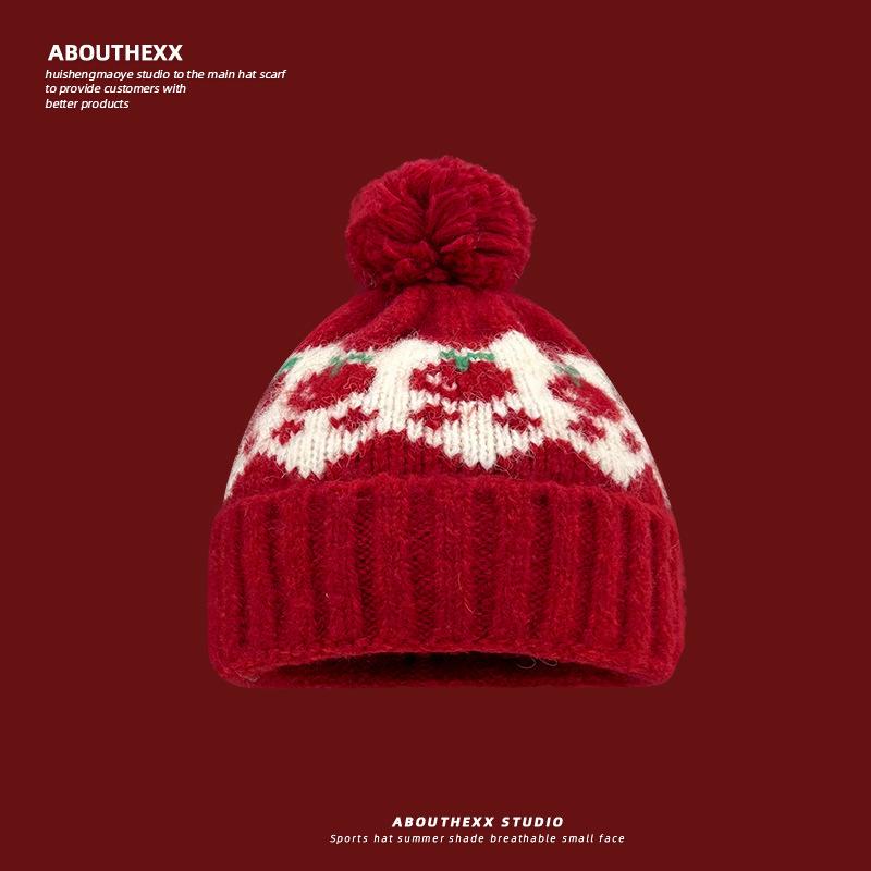 

New Fair Isle Style Cherry Fur Ball Hat for Women Autumn and Winter Warm Woolen Hat Christmas Ear Protection Knitted Hat for Men M（56-58cm）