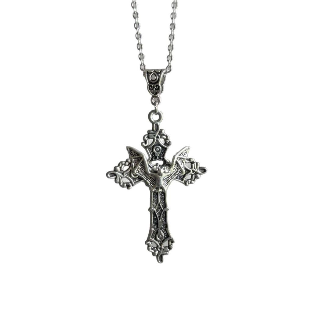 Baroque Bat Pendant Necklace, Gothic Cross Pendant, Vintage Bohemian Necklace, 80s Style Jewelry