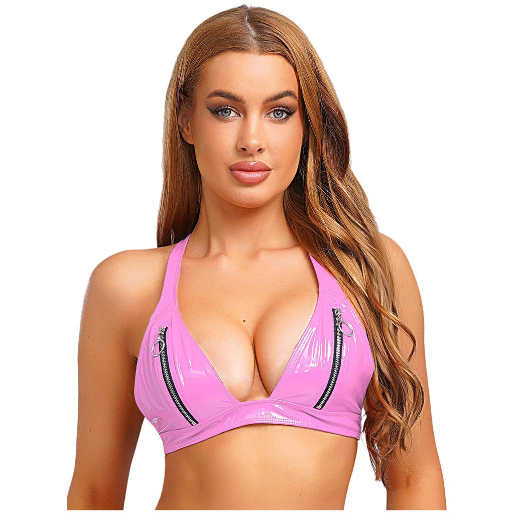 Womens Patent Leather Bralette O-Ring Y Back Zipper Front No Pad Cup Crop Top Clubwear Disco Top