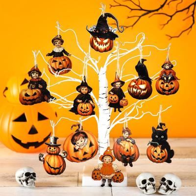 Halloweenska drevená ozdoba na stromček Vintage závesná dekorácia Tekvica Čarodejnica Čierna mačka Drevené výrezy na Halloweensku domácu párty dekoráciu