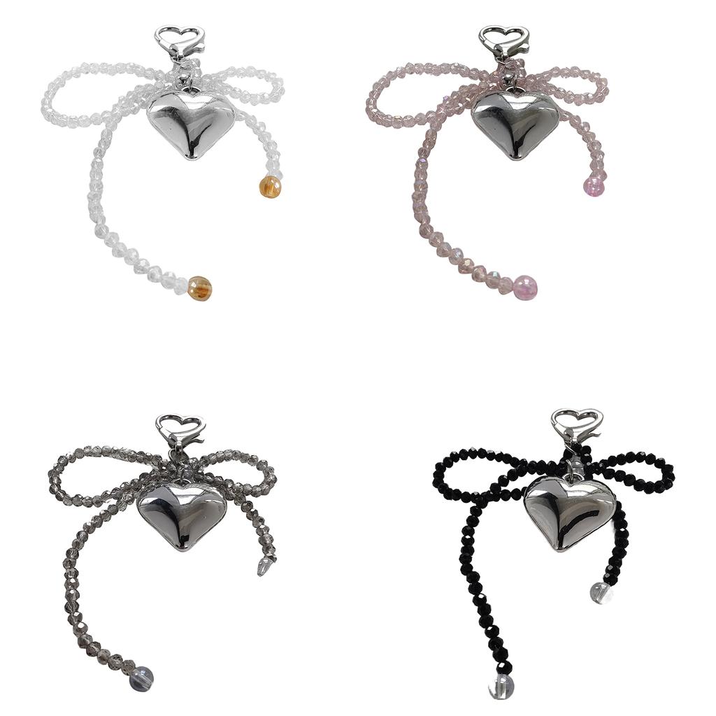 Crystal Beaded Phone Lanyard Bowknot Heart Pendant Wrist Strap Stylish Phone Charm Keyring Portable Accessory for Women