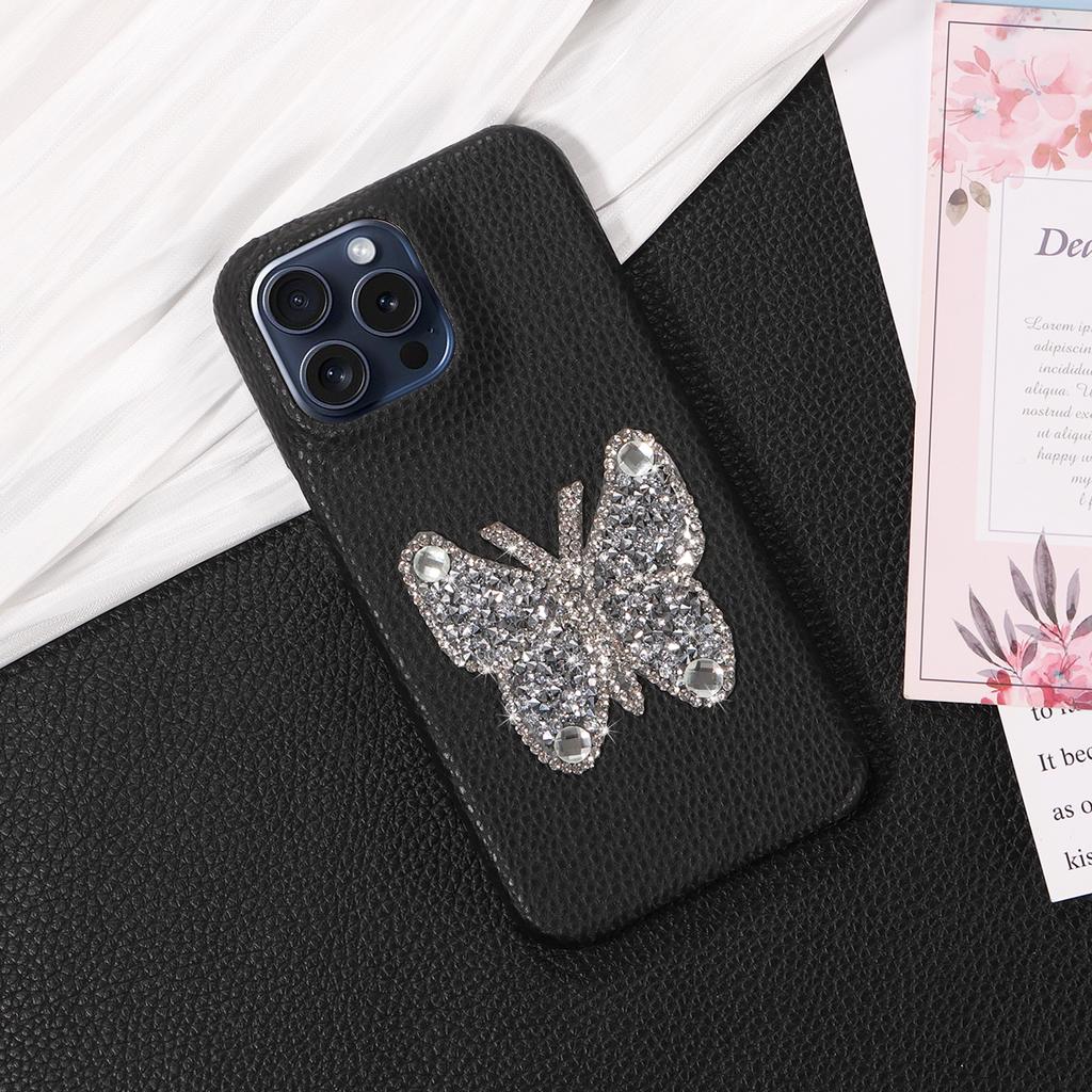 Faux Leather Diamond Butterfly Pattern Phone Case For IPhone16 15 14 13 12 11Pro Pro Max Plus XS Max7 8 Series Drop-proof Case