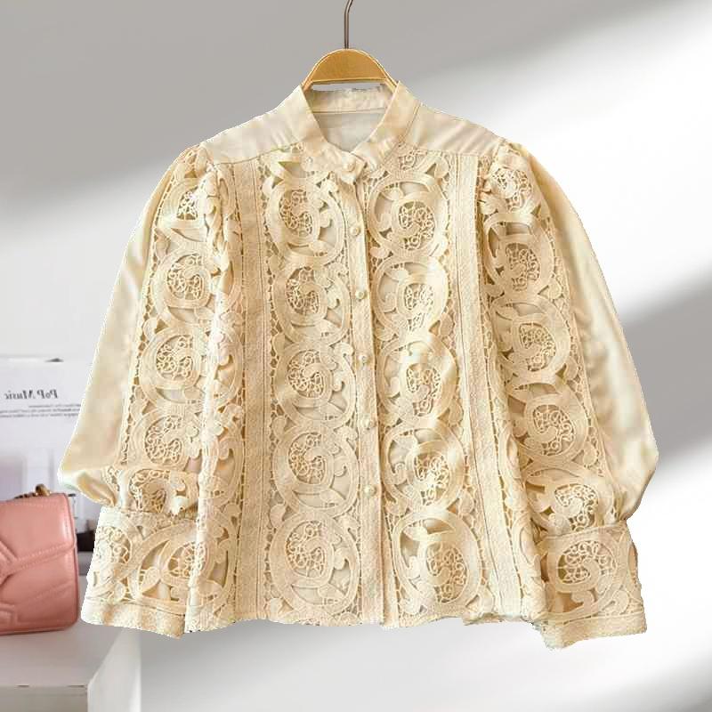 Fashion Retro Hollow Out Embroidered Lantern Sleeve Shirt Women's Tops Single Breasted Solid Loose Casual Blouses Women Elegant Round Neck Shirt 26447