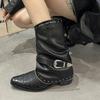 Fashion Goth Rivets Thick Heels Mid Calf Boots Women Fashion Pointed Toe Zipper Riding Boots Woman Spring Autumn Belt Buckle Punk Botas