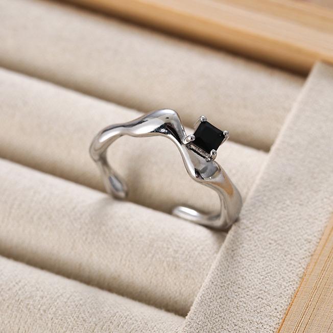 PONYKISS Sterling Silver Square Zircon Opening Ring for Women Minimalist Irregular Fine Trendy Geometric Accessories