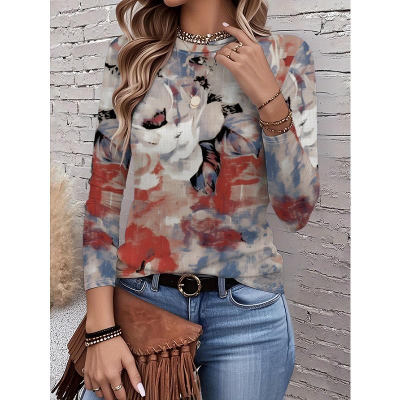 2026 New Women's Fashionable Long-Sleeved T-Shirt with Fresh Floral Pattern, Perfect for Everyday Wear and Stylish Outfits