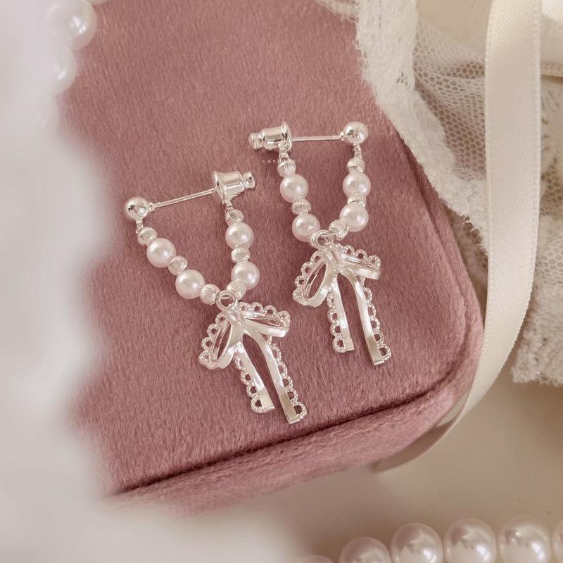 Silver needle bow pendant pearl stud earrings fashion temperament small fragrant style earrings elegant light luxury high sense earrings women