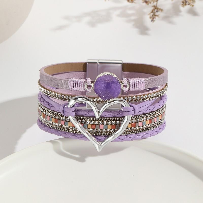 Boho Layered Leather Wrap Bracelet With Natural Stone Heart Charm Women
