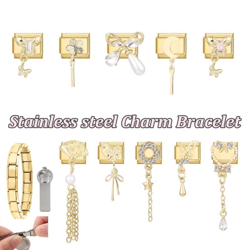 Wholesale Heart Butterfly Bow Flower Chain Pendant Golden Italian Charm Fit 9MM Stainless Steel Bracelet Women DIY Jewelry Gift