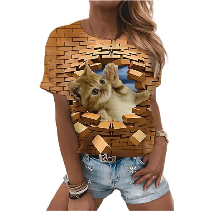 Fashion Women's T-shirts 3D Kawaii Cat Print Short-sleeved Personality Tops Casual Funny Tees Female Oversized Loose Clothing