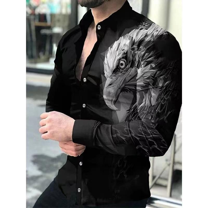 Fashionable Men's Top Shirt Button Lapel Lion Tiger Eagle Animal HD Pattern Soft and Comfortable Material Style