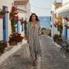 Long Sleeve Shirt Dress Patchwork Women Long Skirt Beach Wear Striped Dresses  Spring Summer
