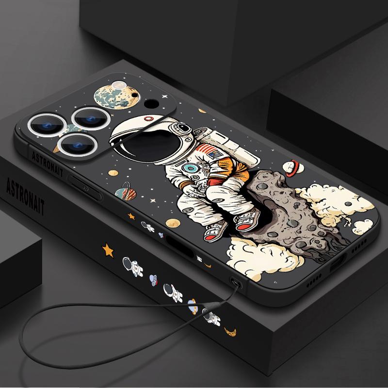 Cartoon Astronaut Pattern Lanyard Case For iPhone 17 Pro Max Funda iPhone 16 15 14 13 Pro Max 11 16E 17E Soft Silicone Cover