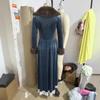 Women's Stand Collar Long Sleeve Velvet Maxi Dress A Line High Waist Vintage Lace Trim Evening Dress