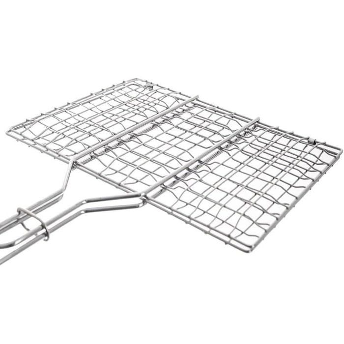 Double grille barbecue - 34 x 22 cm - Acier chromé - Manche en bois - Système de verrouillage