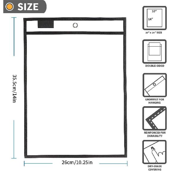6 Packs Oversized Reble Dry Erase Pocket Sleeves, Black 10x14 Ticket Holders, Clear Plastic Sheet Protectors, Teacher School Classroom Supplies