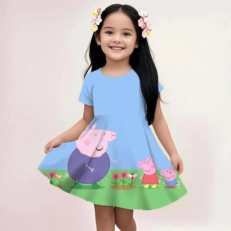 Summer girls cute exclusive animal gradient rainbow full-print round-neck short-sleeved waist-cinching casual dress Summer 110