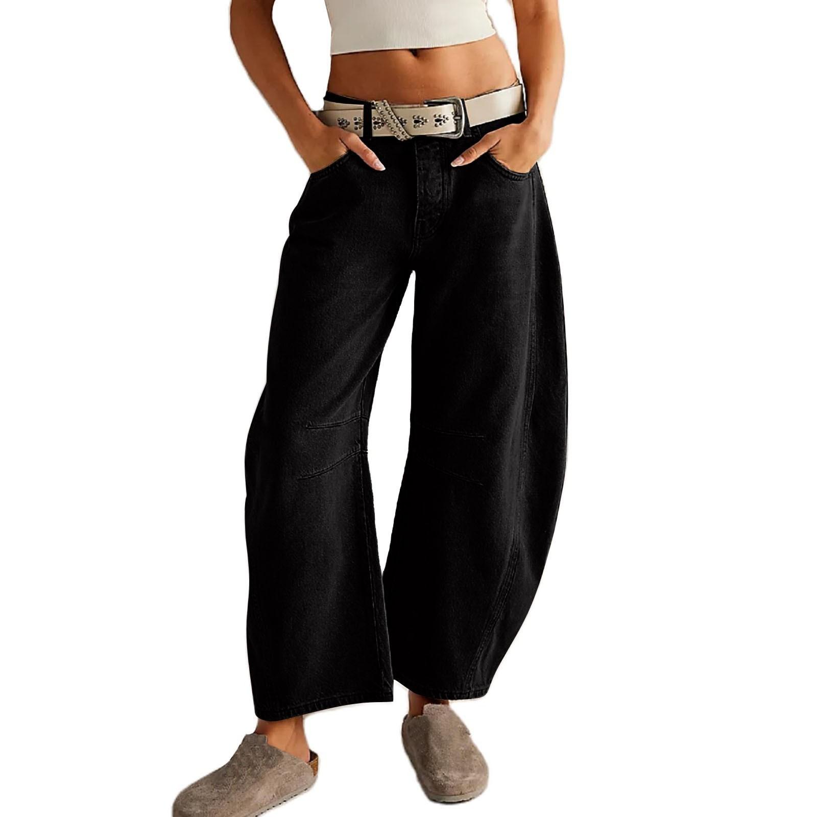 

Женские мешковатые джинсы со средней талией, широкие свободные джинсовые брюки-бойфренды, прямые укороченные джинсы-бочонки XXL чёрный