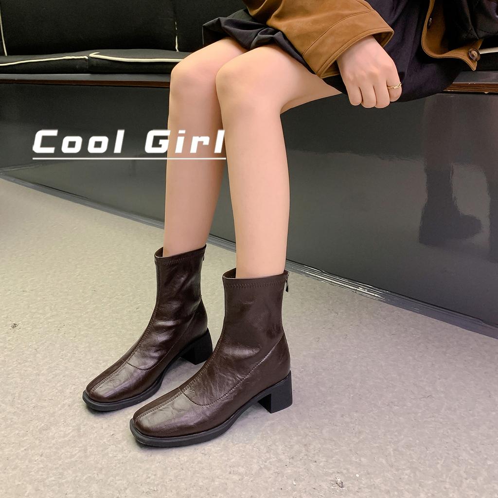 Small Square Head Thick Heel Silent Bottom Short Boots Women's Autumn New Inner Heightening Chel Boots High Heel French Martin Boots