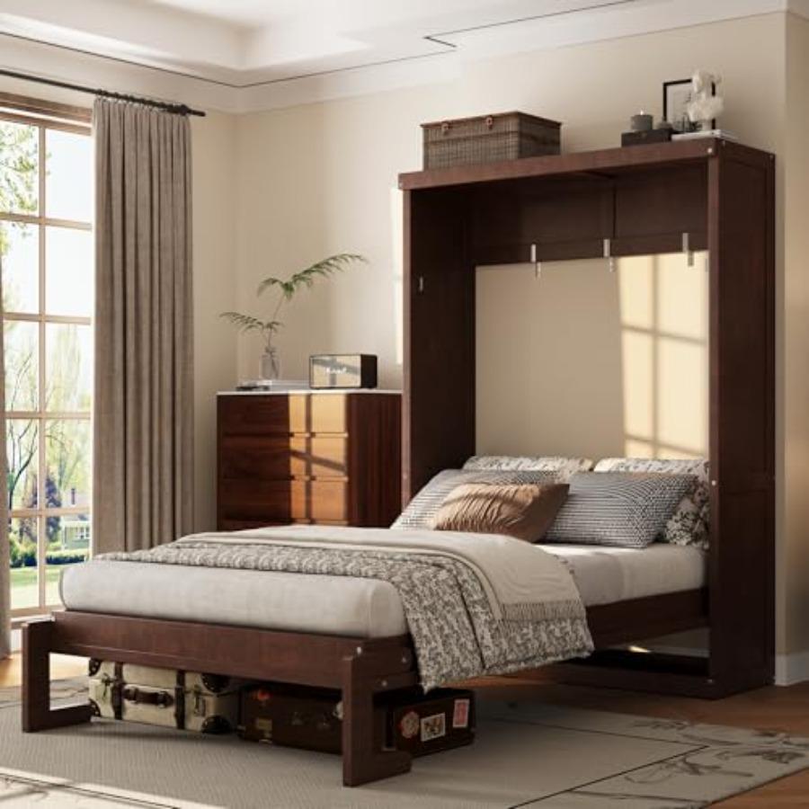 Twin Size Murphy Bed Cabinet, Space Saving Hidden Wall Bed, Wood Murphy Bed with Gas Struts for Home Office Small Room, Can Be