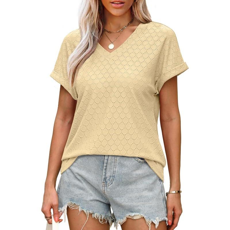 VEZFAA Camicette e camicie con scollo a V a maniche corte con stampa tinta unita primavera estate casual alla moda da donna