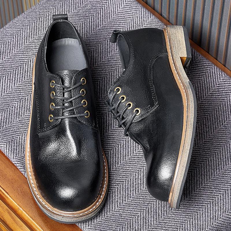Business Derby Men'S Leather Shoes British Round Head High-End Soft Leather Soft Sole Casual Leather Men'S Shoes