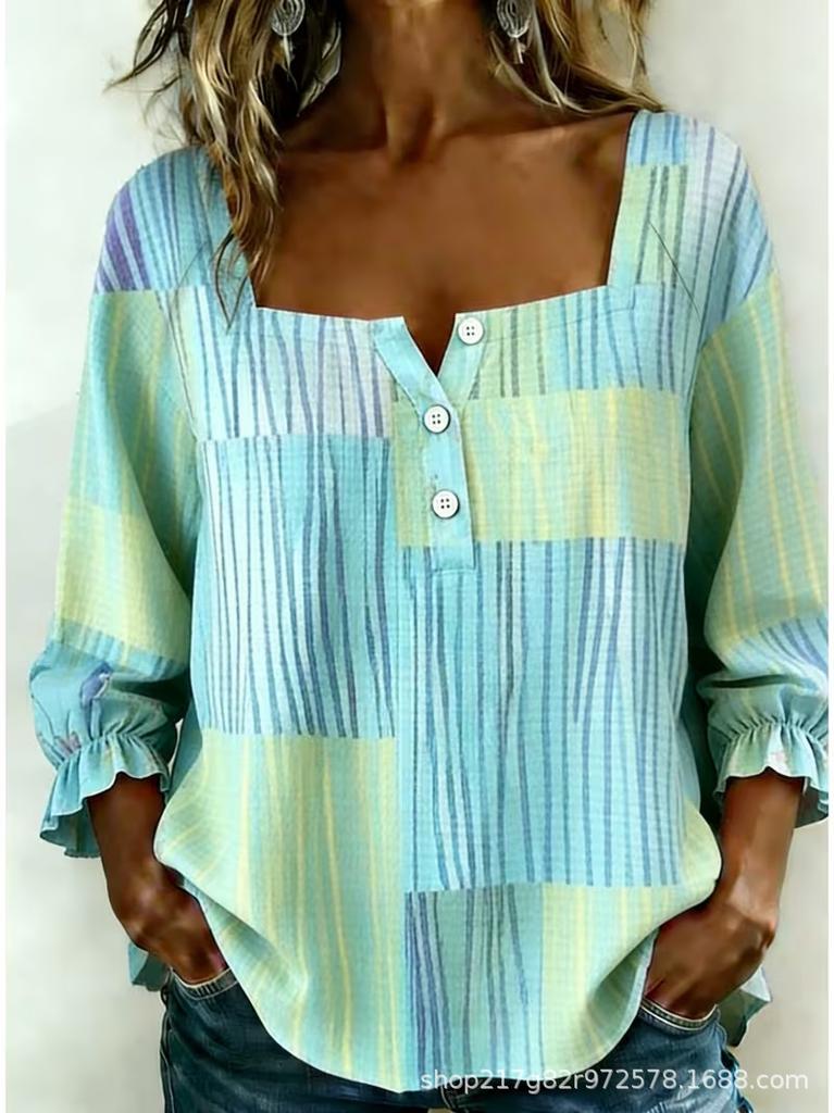 New Xiyin Summer T-Shirt Women's Printed Square Neck Button Bubble Sleeve Women's Top Women's