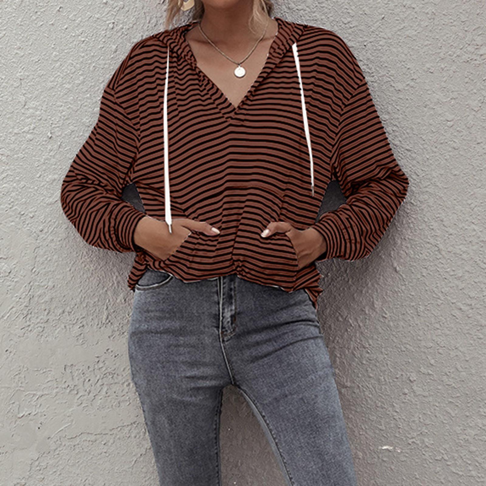 

2024 мода новые повседневные полосатые принтованные топы весна и осень низкий V-образный вырез толстовка женская свободная футболка Harajuku толстовка с капюшоном свитшот XL кофейный