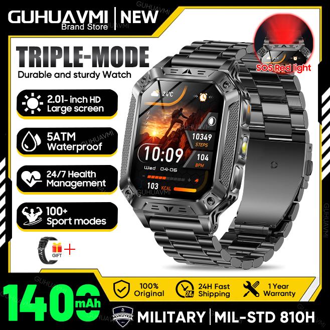 New Outdoors Durable Military Men Smart Watch 1400mAh battery 5ATM Swim LED flashlight+SOS Red Light Sports Call Smartwatch