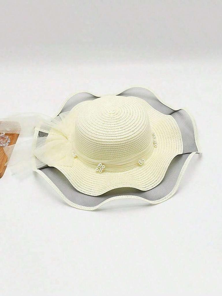 Womens Summer Wide Brim Sun Hat With Wave Mesh And Bow For Beach Travel Sun Protection