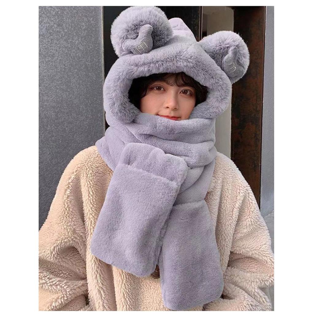 Zimowy prosty, pogrubiony, ciepły, pluszowy szalik, szalik z kapturem typu „wszystko w jednym”, trzy w jednym, słodki miś z uszami, damska, kaptur, maska narciarska