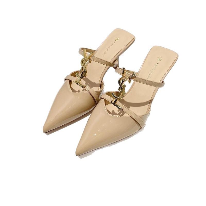 Patent Leather Metal Letter Bag Head Half Slippers Women Wear High Heels Summer New Thin Heels Pointed Fashion Vs
