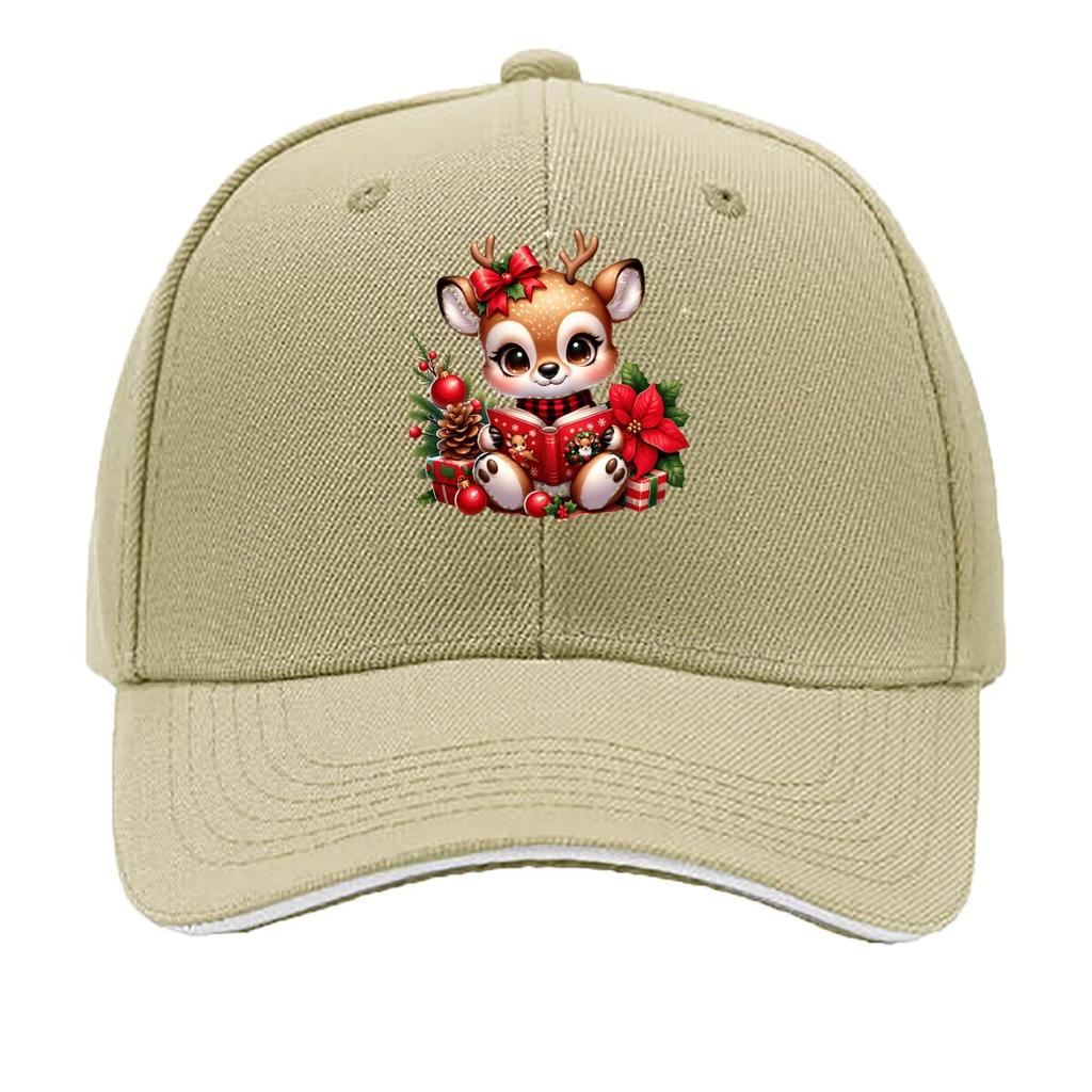 Cute Christmas Reindeer Reading Book Holly Poinsettia Gift Sandwich Baseball Cap Unisex Women Sun Cap Outdoor Workouts Hat
