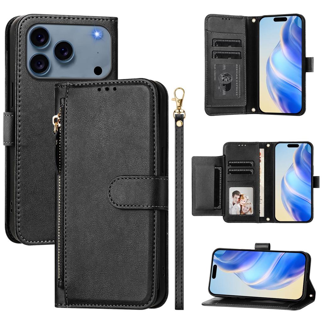 For iPhone 17 Pro Case Zipper Pocket Multiple Card Slots Leather Phone Cover