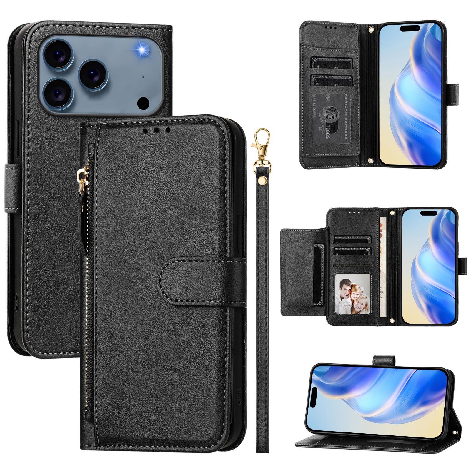 

For iPhone 17 Pro Case Zipper Pocket Multiple Card Slots Leather Phone Cover Black